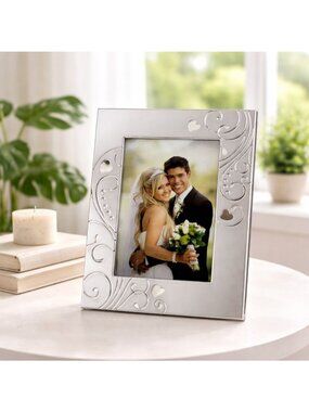 Silver Heart & Swirl Design Wedding Photo Frame - Holds 5"x7" Picture - Elegant